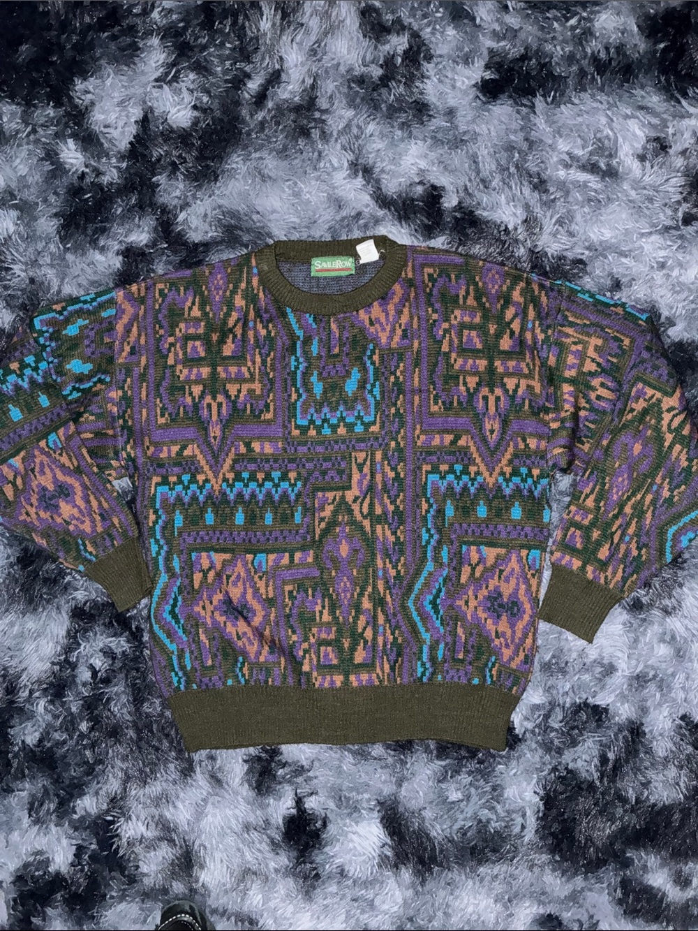 Vintage Geometric Pattern Crewneck Sweater Olive wool Savile Row xl Italy made